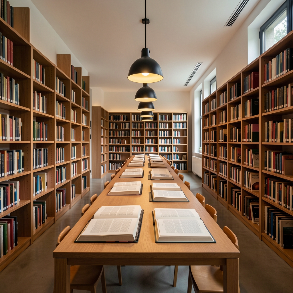 Wide interior shot of a modern library or study space with tall bookshelves lining the walls, a long reading table with open books, and warm pendant lighting casting a focused, scholarly atmosphere