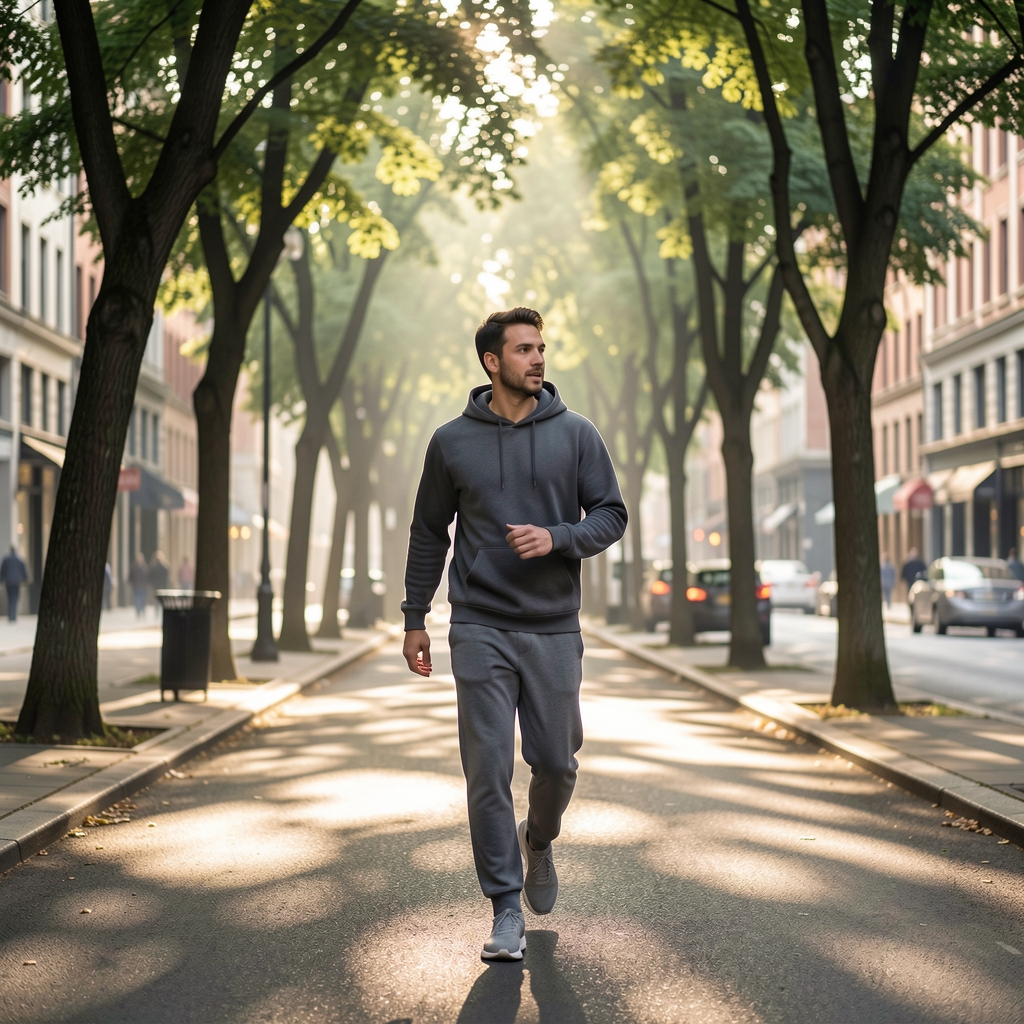 Person walking briskly along a tree-lined urban boulevard in the early morning, wearing comfortable clothing, with dappled sunlight filtering through the leaves above