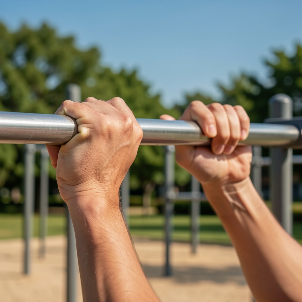 Close-up of hands gripping a pull-up bar in an outdoor calisthenics park, background showing soft out-of-focus greenery and a clear blue sky