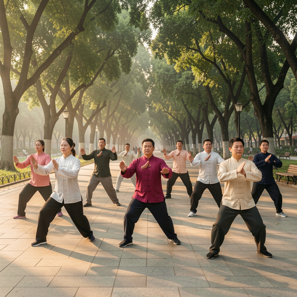 Group of people practicing tai chi in a public park in the early morning, moving in coordinated slow poses on a paved plaza surrounded by mature trees