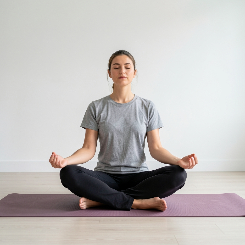 Individual sitting cross-legged on a yoga mat in a calm minimalist room with white walls, holding a meditative posture with eyes closed and hands resting on knees