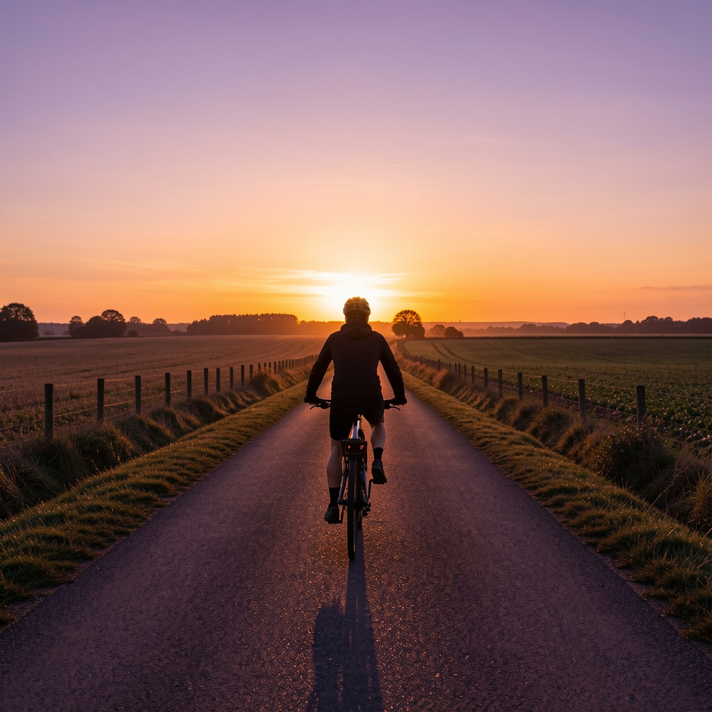 Wide shot of a person cycling on a quiet countryside road at sunset, silhouetted against a warm orange and purple sky with fields visible in the background