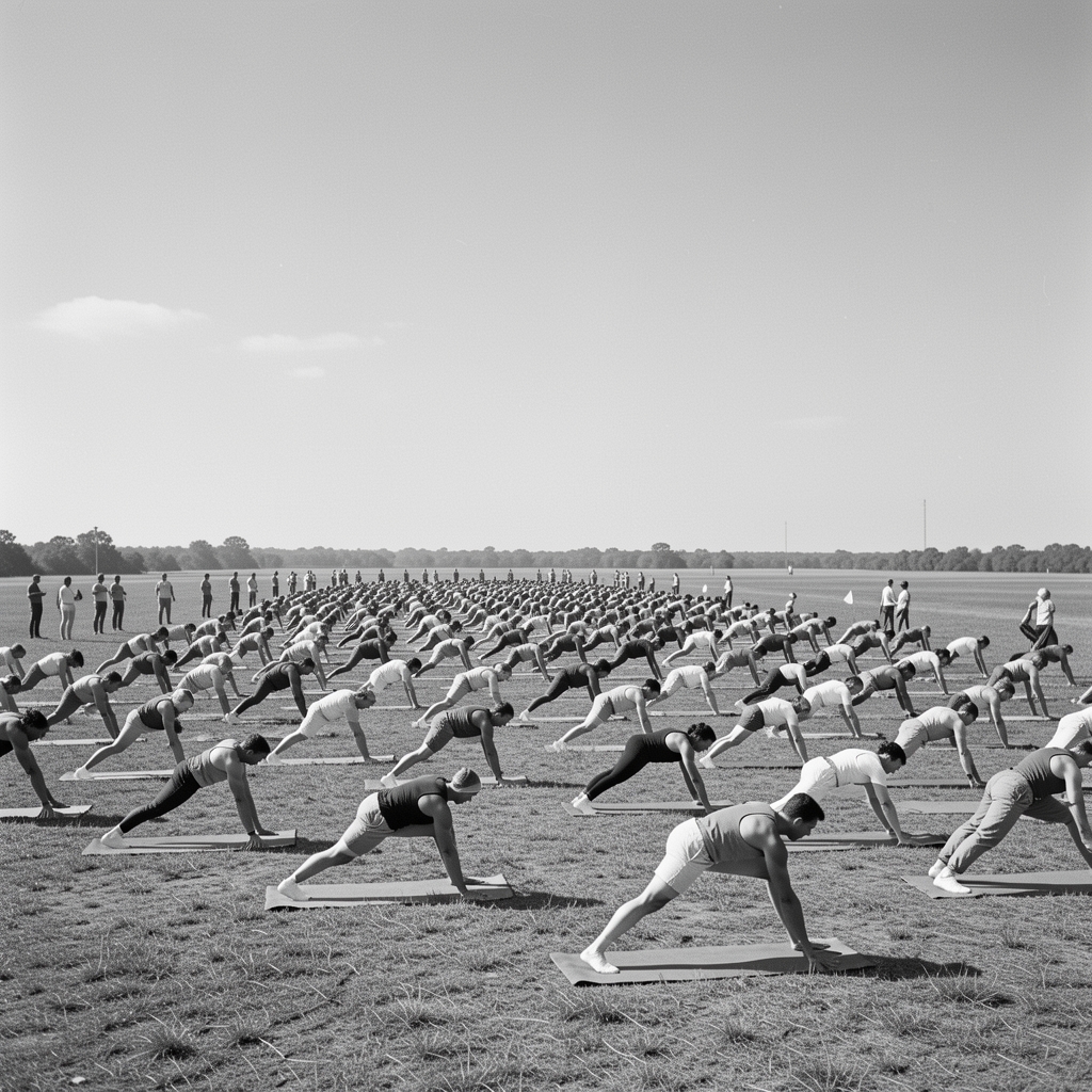 Black and white archival photograph of a large outdoor physical culture demonstration with rows of uniformly dressed participants performing synchronized calisthenics in an open field under a clear sky