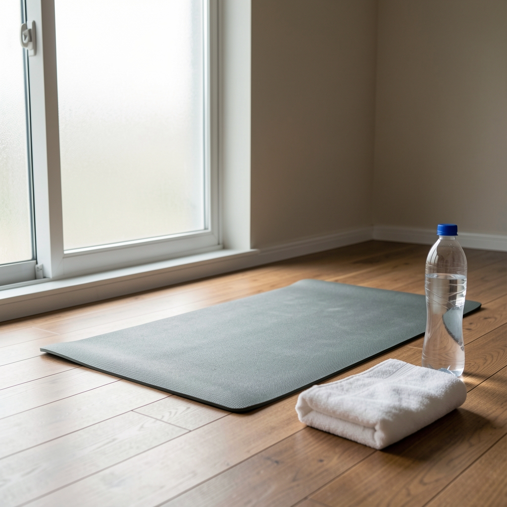 Calm indoor space with a yoga mat on a wooden floor, a folded towel and a water bottle nearby, natural light coming through a frosted window creating a soft and quiet atmosphere