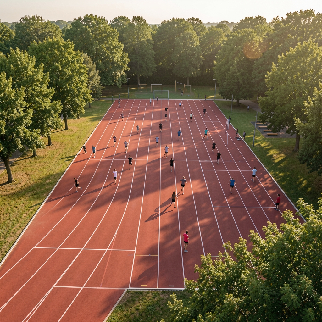 Aerial view of an outdoor running track with people exercising in different areas, surrounded by trees and soft afternoon light creating subtle long shadows across the surface